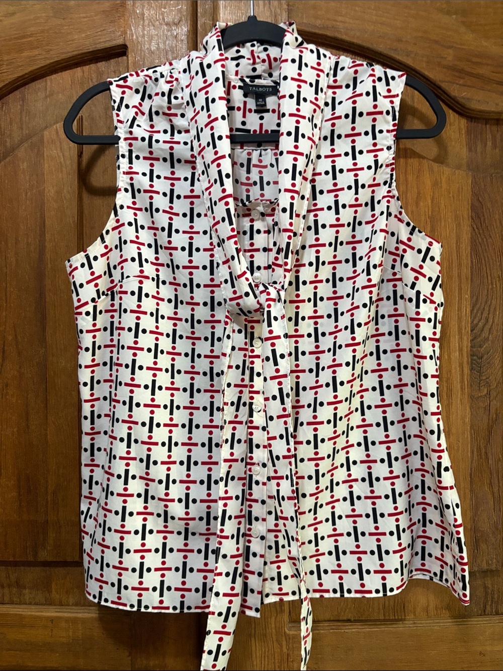 Talbots White Sleeveless Tie-Neck Top with Red & Black Geometric Print